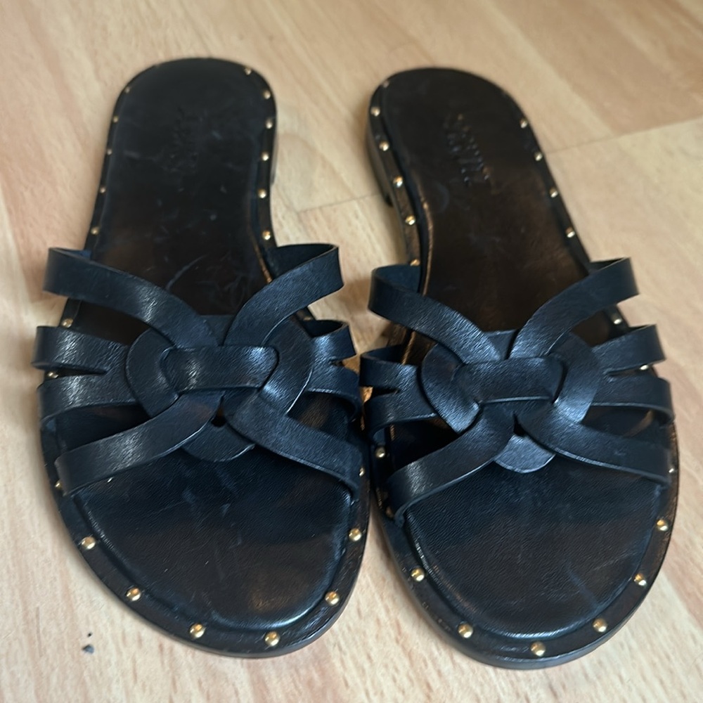 SCHUTZ Black Braided Leather Slide Sandals with Gold Stud Detail